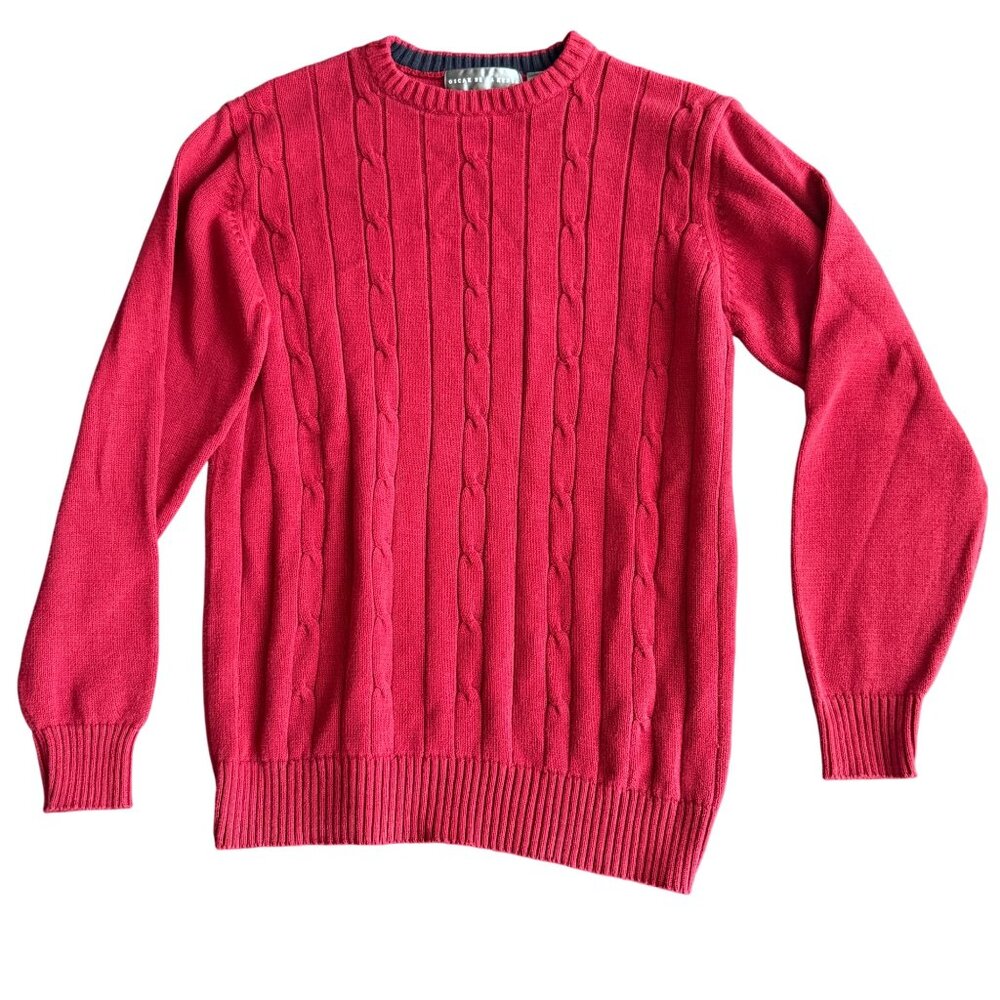 Oscar De La Renta Red Cable Knit Crewneck Sweater M 100% Cotton